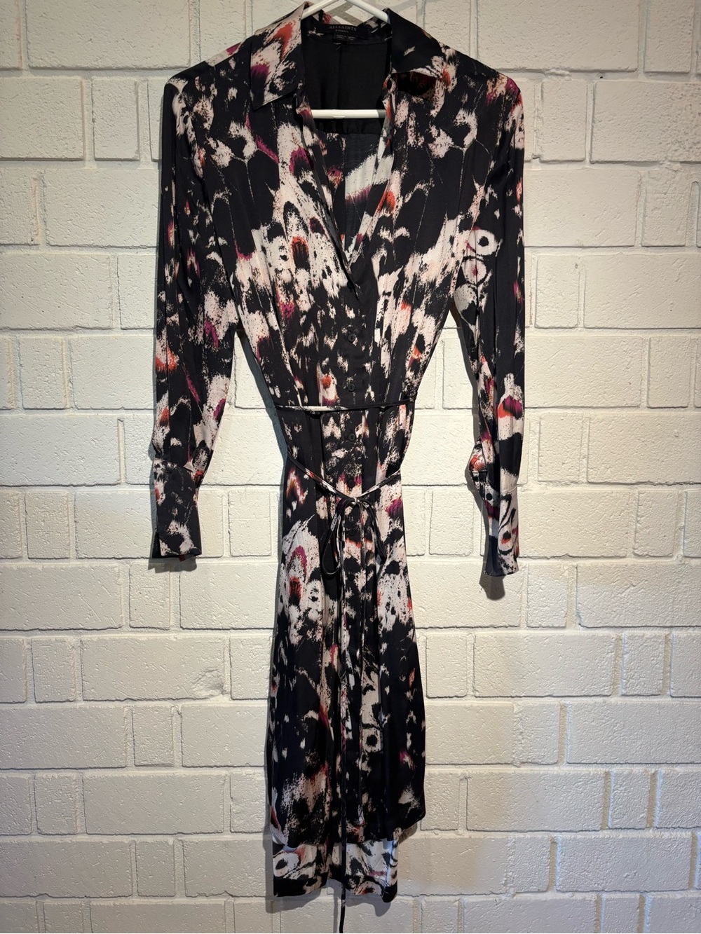 Allsaints Women's Black Abstract Print Shirt Dress with Pink Accents